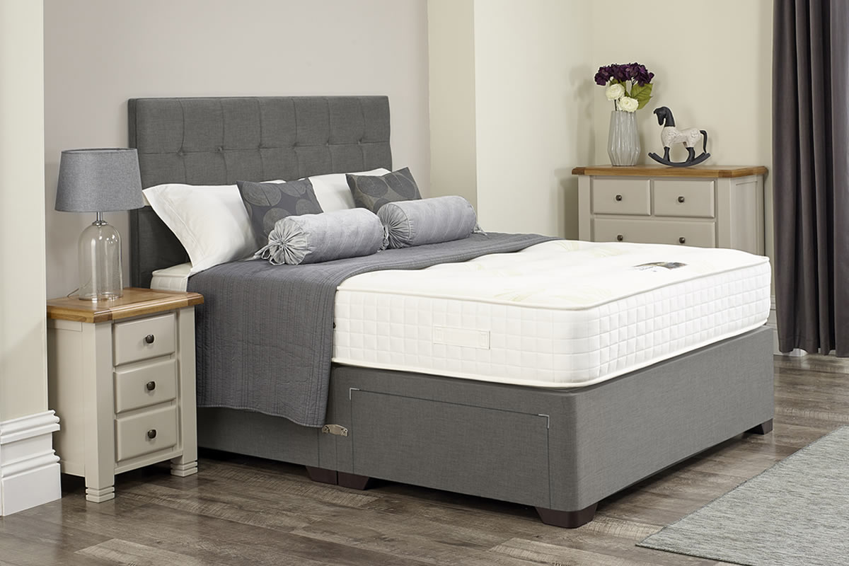 View Elizabeth Light Grey Divan Bed Set Including Deeply Padded Headboard Available in Single Double King Super King Various Drawer Storage Options information