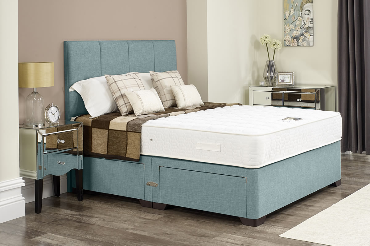 View Ellie Duckegg Blue Divan Bed Set Including Deeply Padded Headboard Available in Single Double King Super King Various Drawer Storage Options information