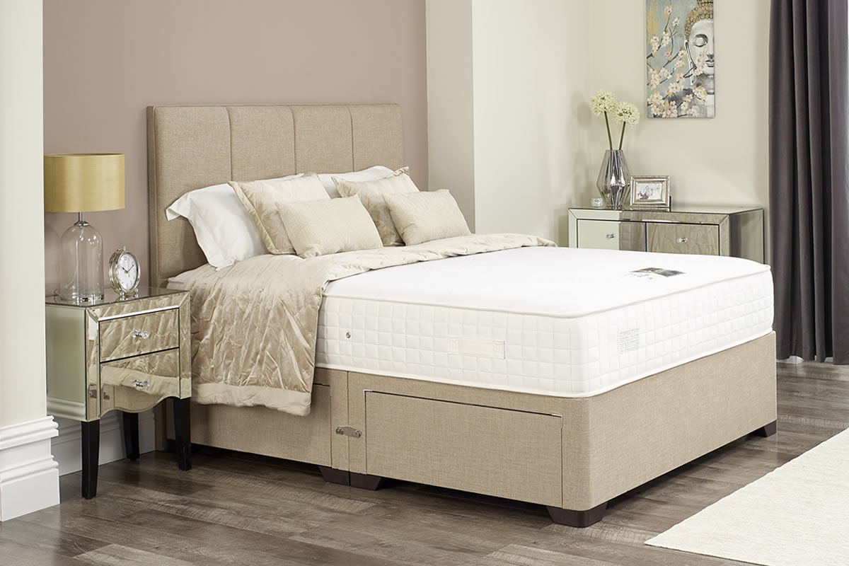 View Jayden Cream Oatmeal Divan Bed Set Including Deeply Padded Headboard Available in Single Double King Super King Various Drawer Storage Options information