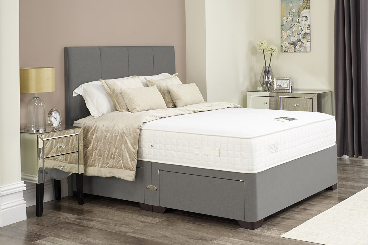 View Jayden Light Grey Divan Bed Set Including Deeply Padded Headboard Available in Single Double King Super King Various Drawer Storage Options information
