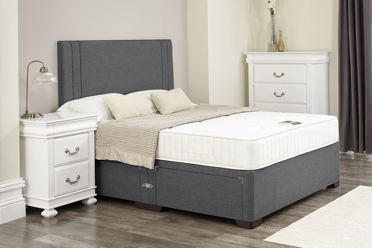 View Julia Dark Grey Divan Bed Set Including Deeply Padded Headboard Available in Single Double King Super King Various Drawer Storage Options information