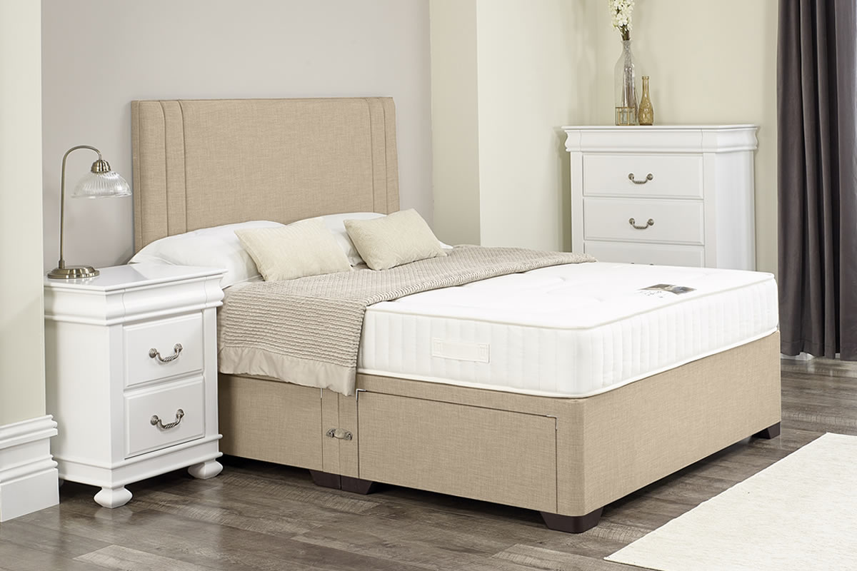 View Julia Cream Oatmeal Divan Bed Set Including Deeply Padded Headboard Available in Single Double King Super King Various Drawer Storage Options information