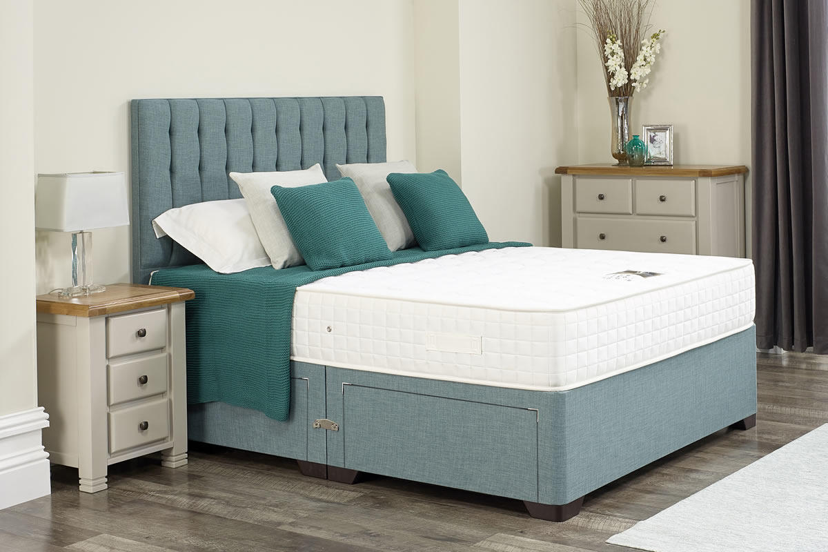 View Victoria Duckegg Blue Divan Bed Set Including Deeply Padded Headboard Available in Single Double King Super King Various Drawer Storage Option information
