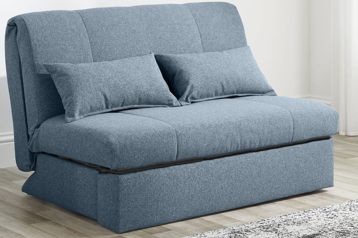 View Blue Single Fabric 2 Seater Easy Pull Out Sofa Bed Steel Folding Bed Mechanism 2 Cushions Included Deep Reflex Foam Mattress Redford information