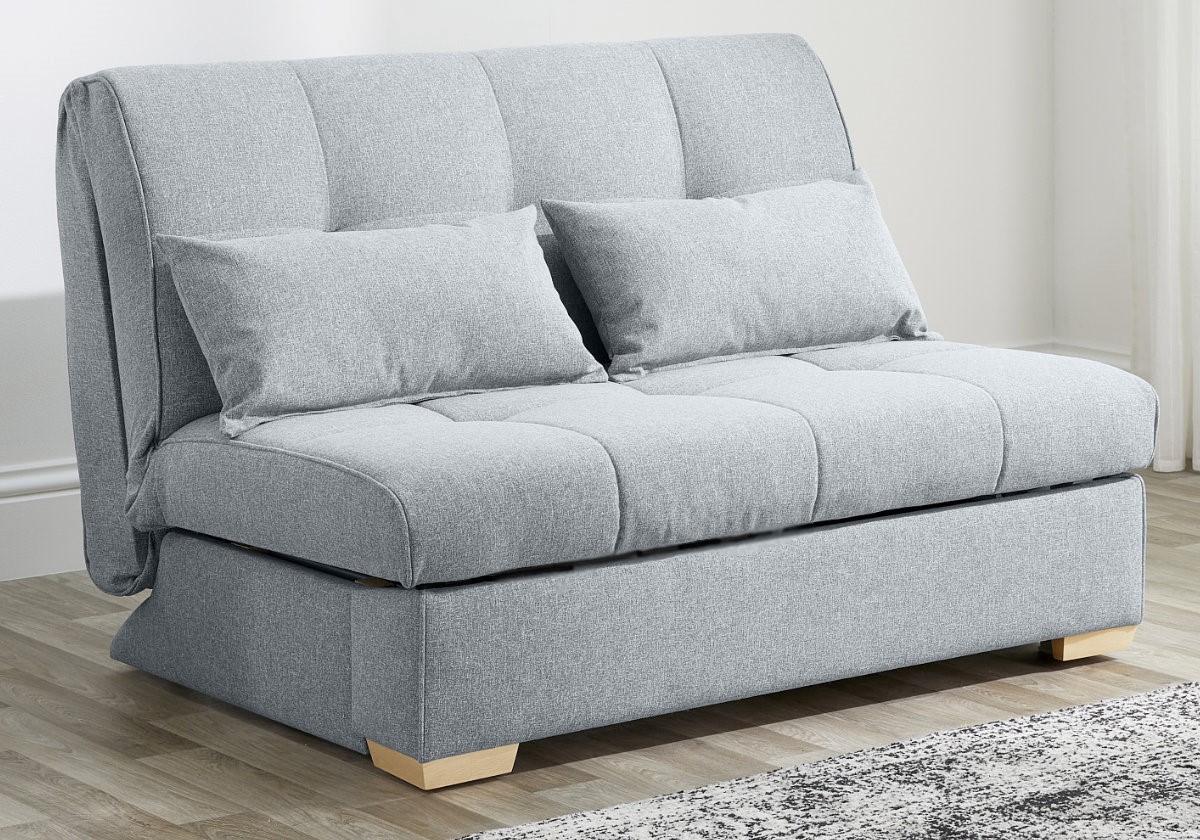 View Ash Grey Fabric Small 2 Seater Guest Pull Out Sofa Bed Steel Folding Bed Mechanism 2 Cushions Included Deeply Padded Foam Mattress Berwick information