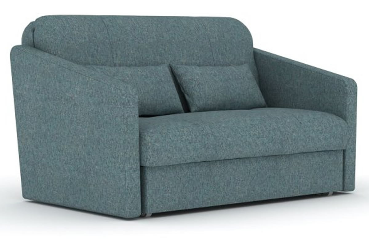View Teal Green Fabric Small 2 Seater Sofa Bed Click Clack Steel Folding Bed Mechanism 2 Cushions Included Deep Foam Mattress Durham information