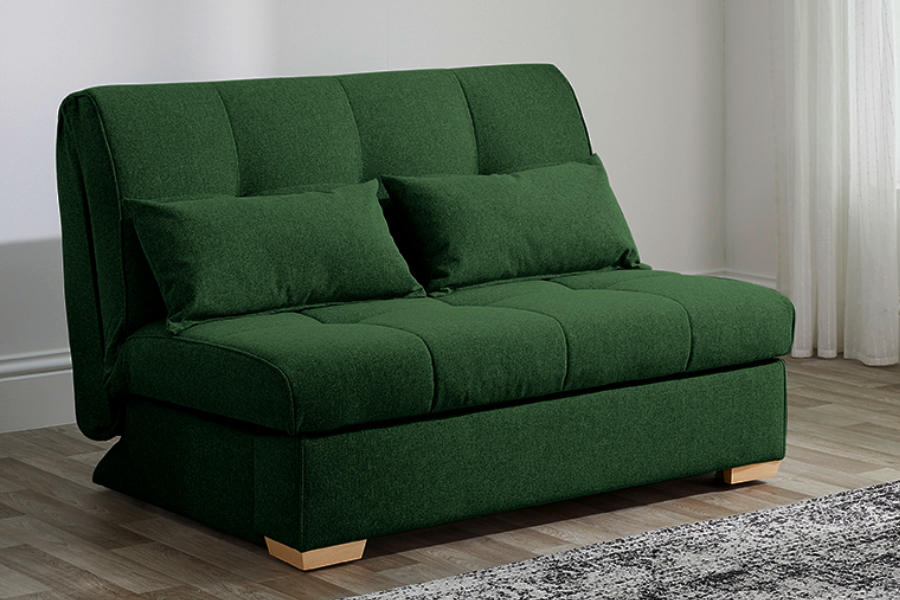 View Green Fabric Small 2 Seater Guest Pull Out Sofa Bed Steel Folding Bed Mechanism 2 Cushions Included Deeply Padded Foam Mattress Berwick information