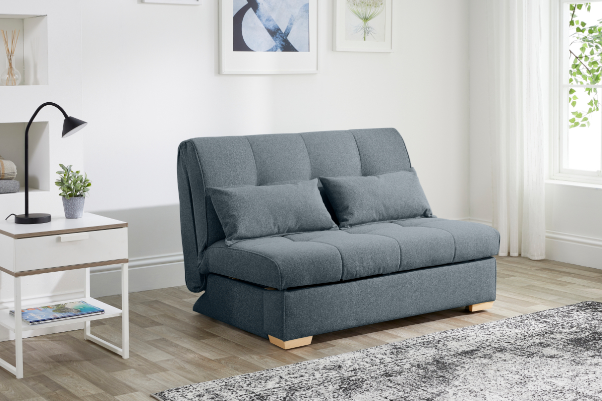View Blue Small Double Fabric 2 Seater Easy Pull Out Sofa Bed Steel Folding Bed Mechanism 2 Cushions Included Deep Reflex Foam Mattress Redford information