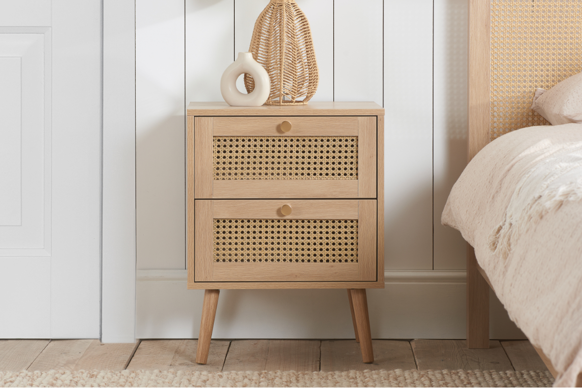 View Modern Two Drawer Wooden Bedside Locker Chest Available In Light Oak Or Black With Rattan Finish Drawer Fronts Rounded Tapered Legs information