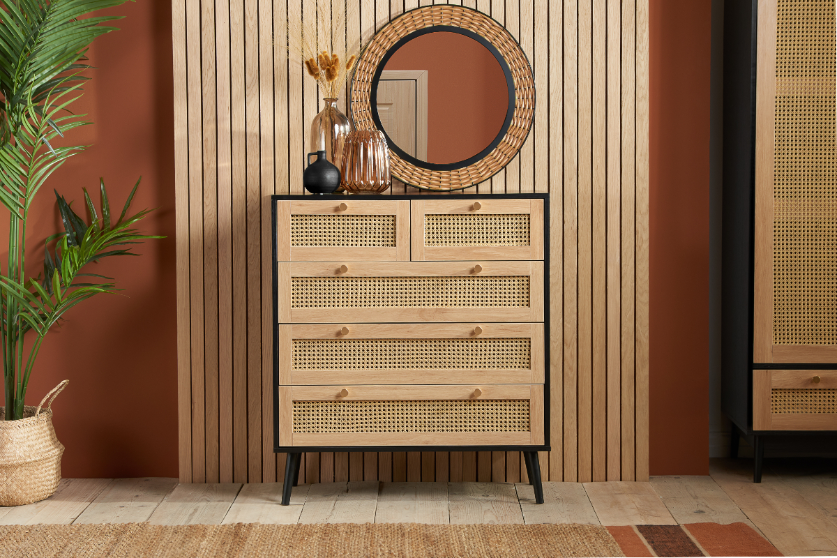 View Croxley Oak Black Rattan 5 Drawer Storage Chest information