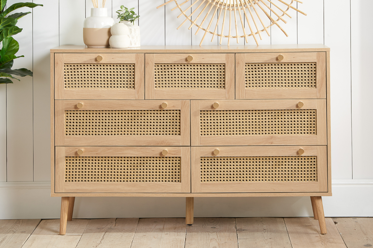 View Oak Rattan 7 Drawer Storage Chest Seven Spacious Easy Glide Drawers Inset Rattan Door Panels Croxley information