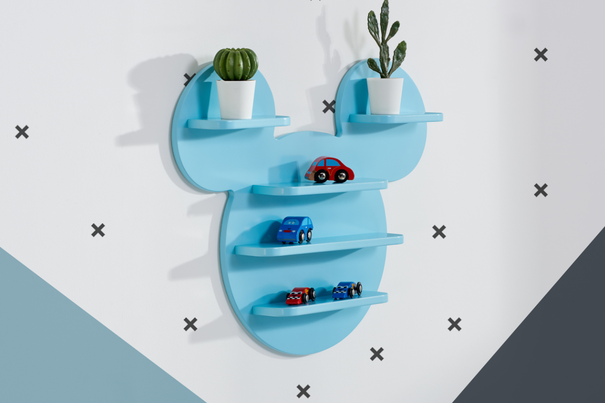 View Disney Mickey Mouse Shaped Childrens Wall Mounted Blue Storage Shelf Consists Of 5 Different Sized Shelves Concealed Shelf Fittings information