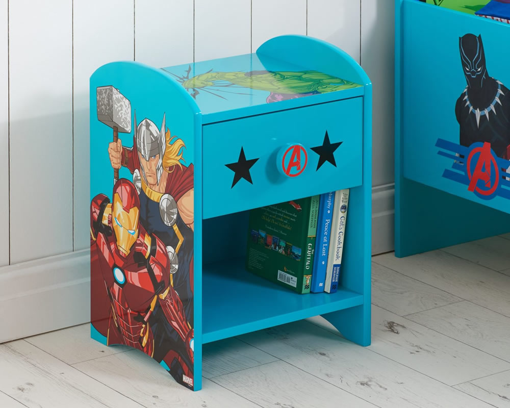 View Marvel Avengers Themed One Drawer Bedside Locker Chest Features The Hulk Thor The Iron Man Captain America Strong Slatted Base Single Drawer information