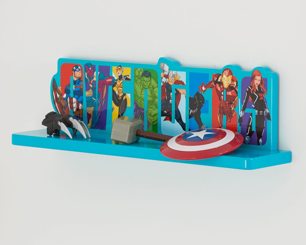 View Marvel Avengers Childrens Storage Shelf Features Hulk Captain America Thor Iron Man Singular Shelf With Concealed Shelf Fittings information