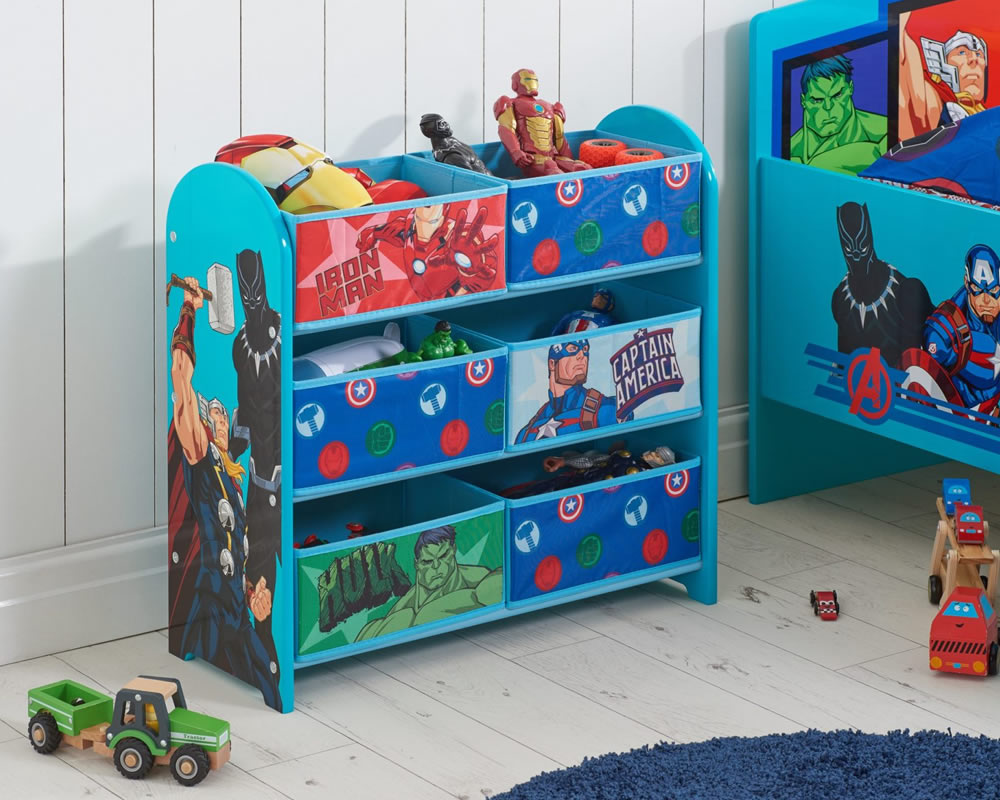 View Marvel Avengers Childrens Storage Unit With 6 Bins Features Hulk Captain America Thor The Iron Man Colouful Graphics Removable Storage Bins information