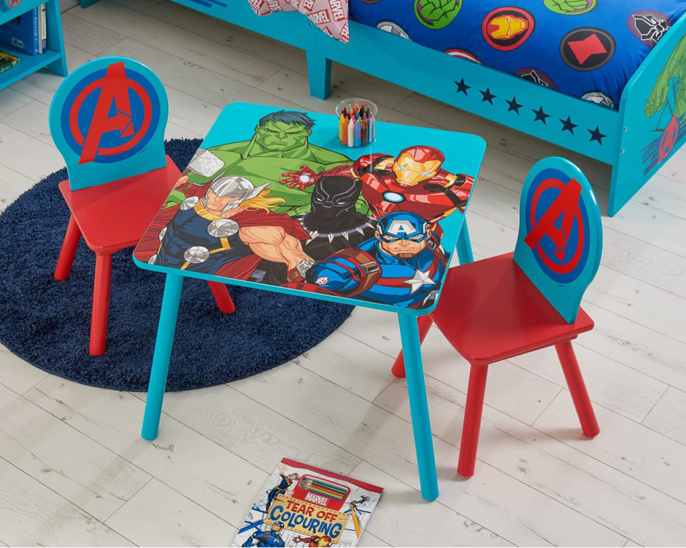 View Marvel Avengers Childrens Play Time Table Two Chairs Features Hulk Captain America Thor The Iron Man Colouful Graphics Designed For Play information