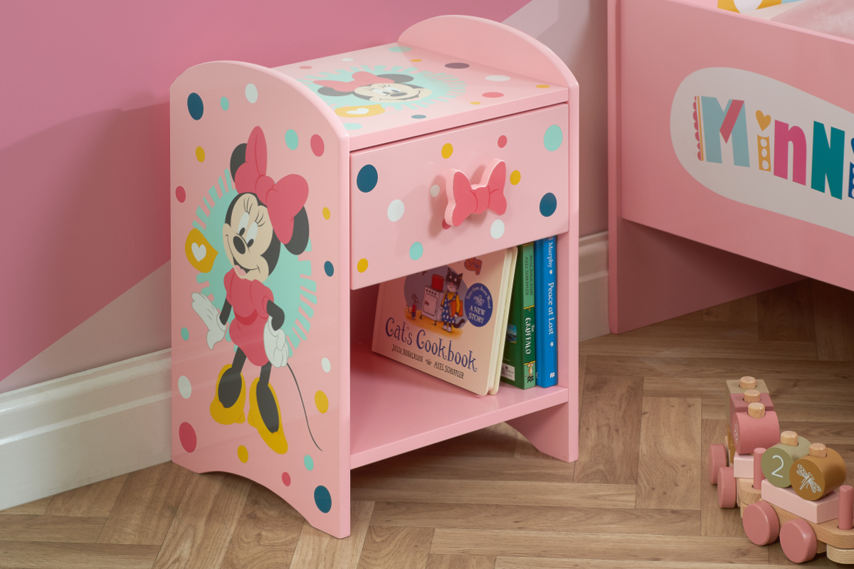 View Disney Minnie Mouse Themed One Drawer Bedside Locker Chest Features Mickey Mouse Graphics And Handle Single Storage Drawer Open Space information
