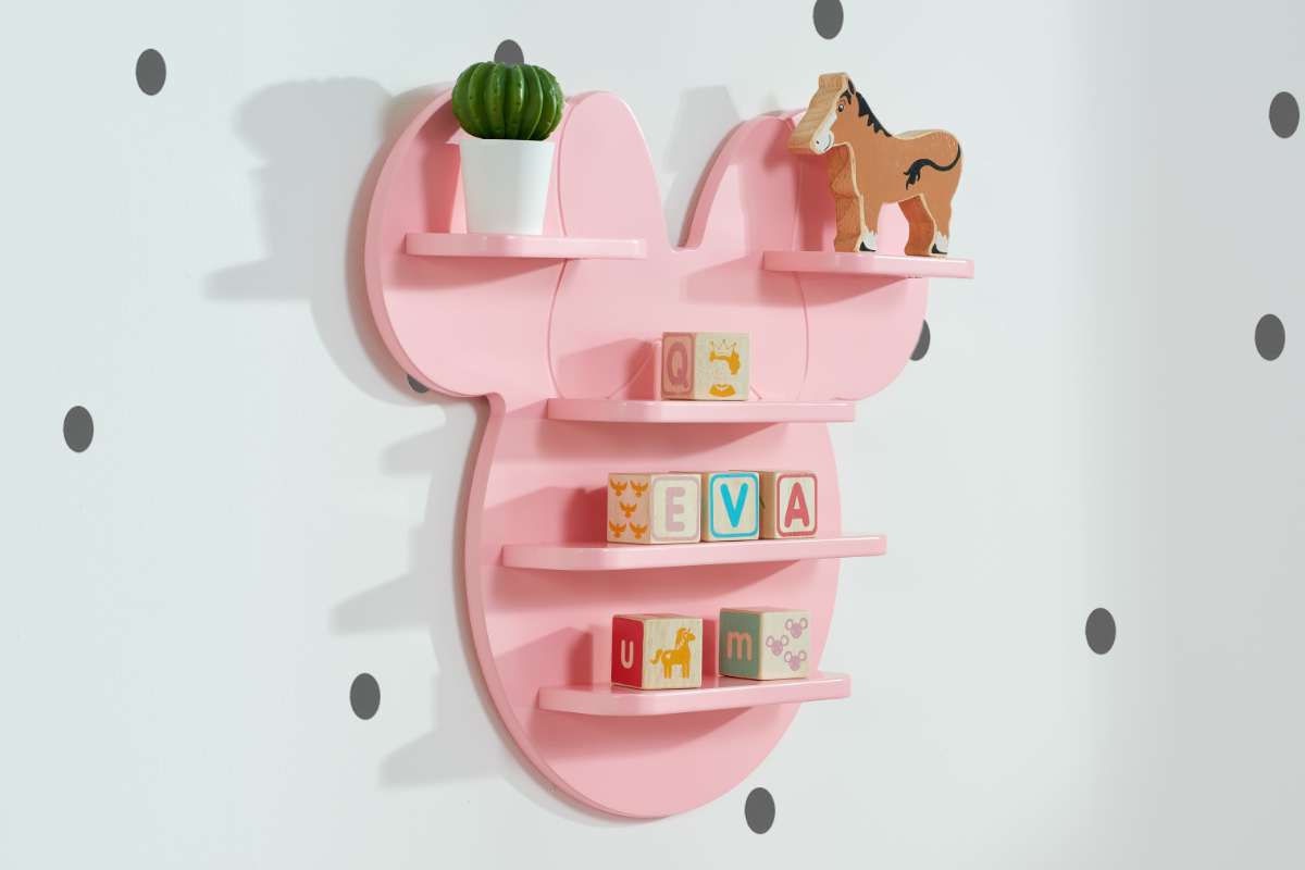 View Disney Minnie Mouse Shaped Childrens Wall Mounted Pink Storage Shelf Consists Of 5 Different Sized Shelves Concealed Shelf Fittings information