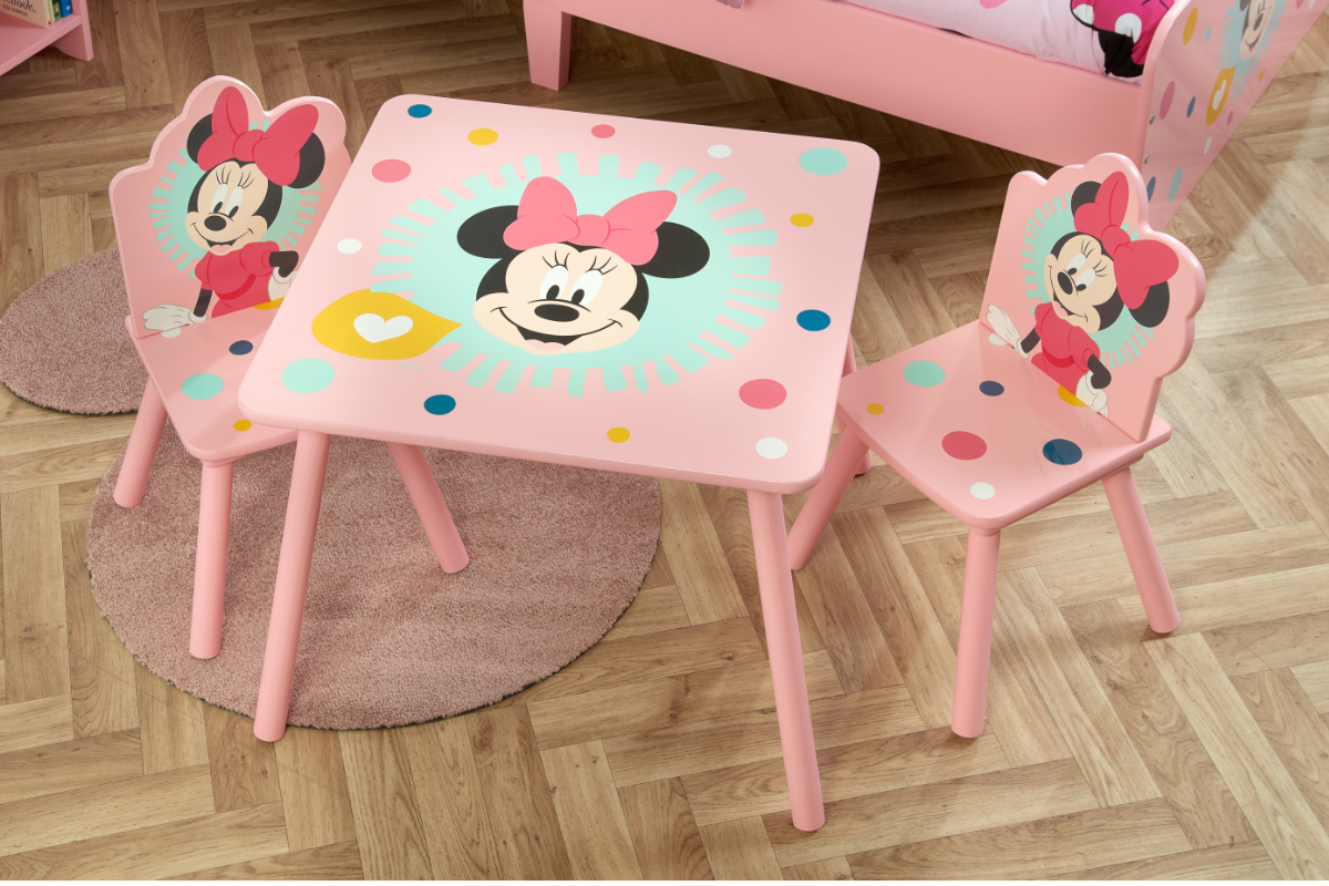 View Disney Minnie Mouse Childrens Pink Play Time Table Two Chairs Features Colourful Mickey Mouse Graphics Wipe Clean Surface Designed For Play information