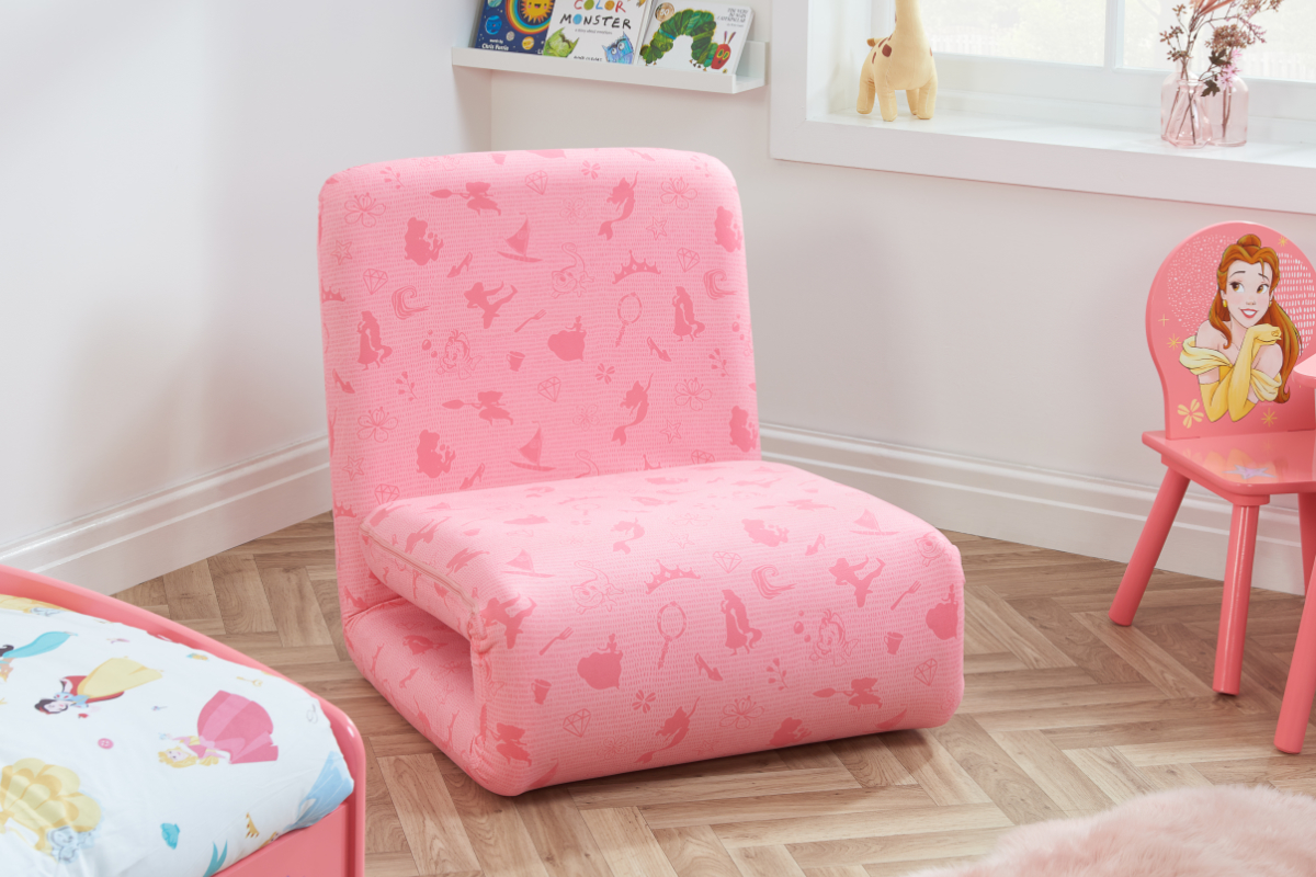 View Disney Princess Pink Childrens FoldOut Chair Bed Converts Easily From chair To Single Bed Printed Silhouette Characters Zipped Cover information