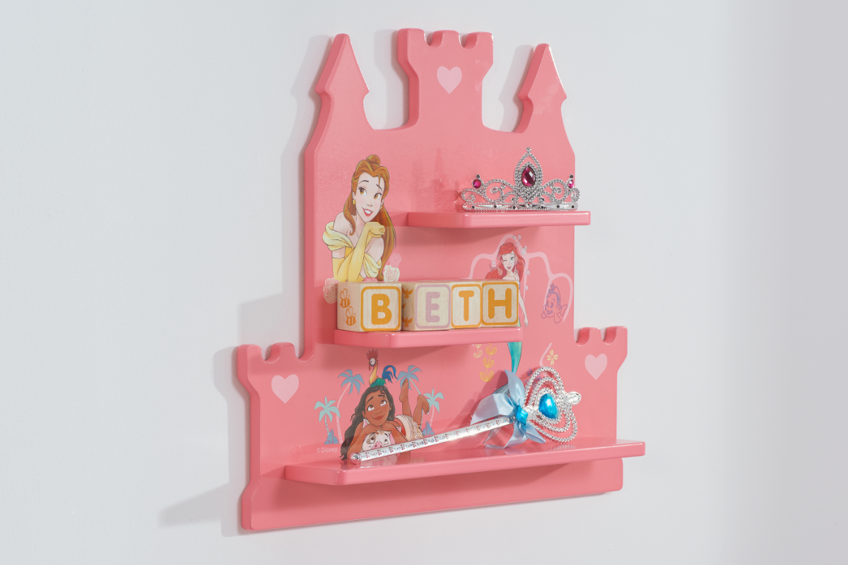 View Disney Princess Pink Childrens Wall Hanging Storage Shelf Features Ariel Snow White Mulan Graphics 3 Storage Shelves information