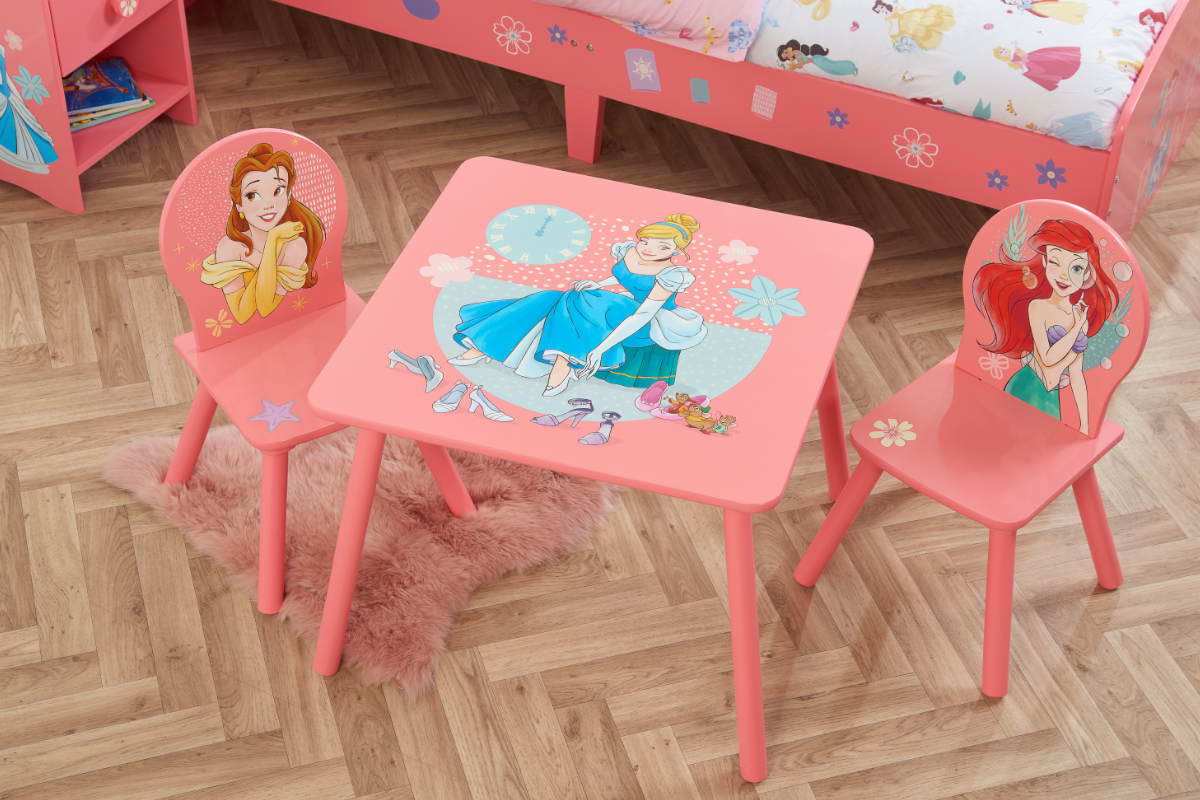 View Disney Princess Childrens Pink Play Table Two Chairs Printed Graphics Include Ariel Cinderalla Snow White Wipe Clean Surface information