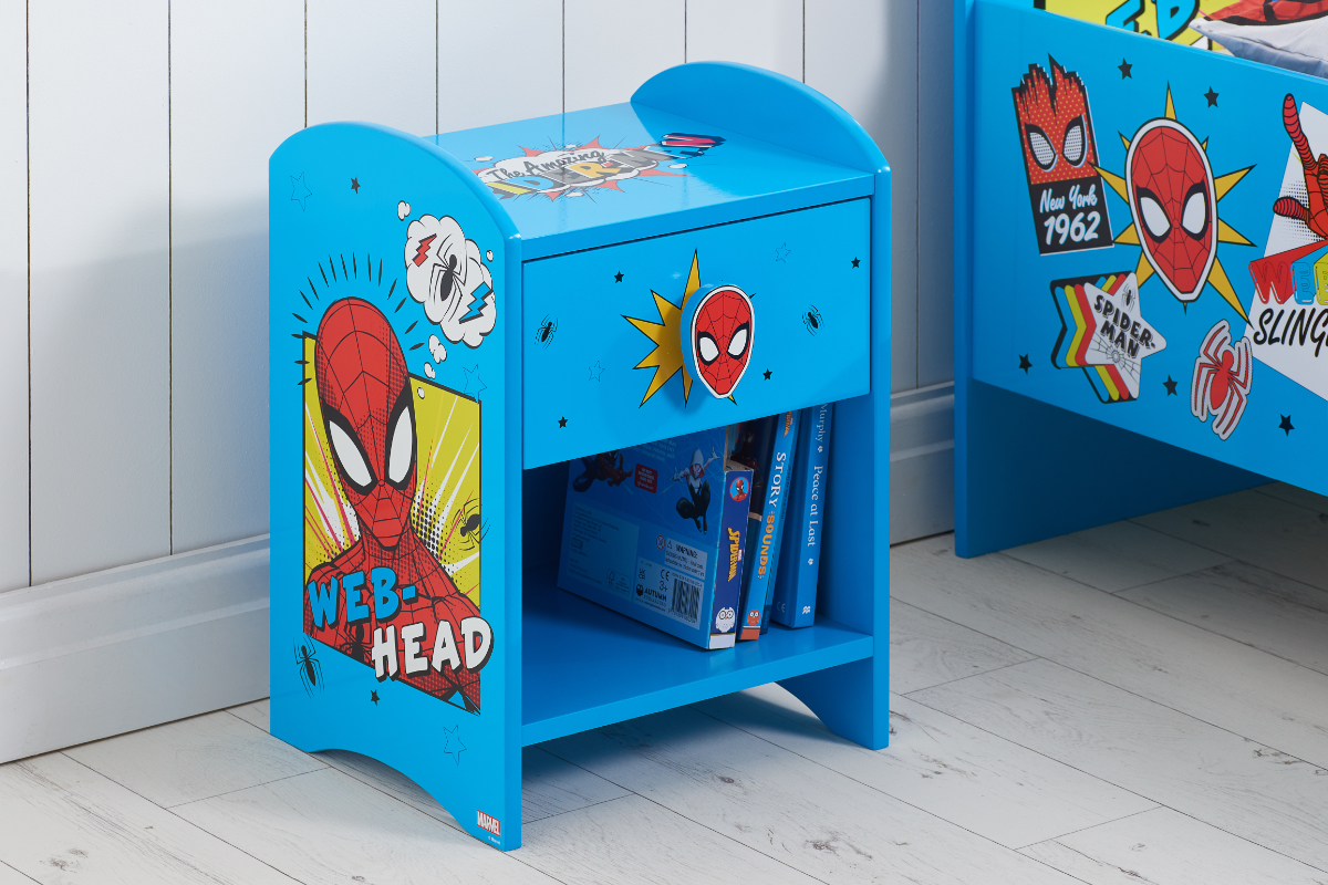View Marvel SpiderMan Blue Childrens Bedside One Drawer Open Storage Cabinet Features Spiderman Graphics Open Book Storage Compartment Toy Storage information