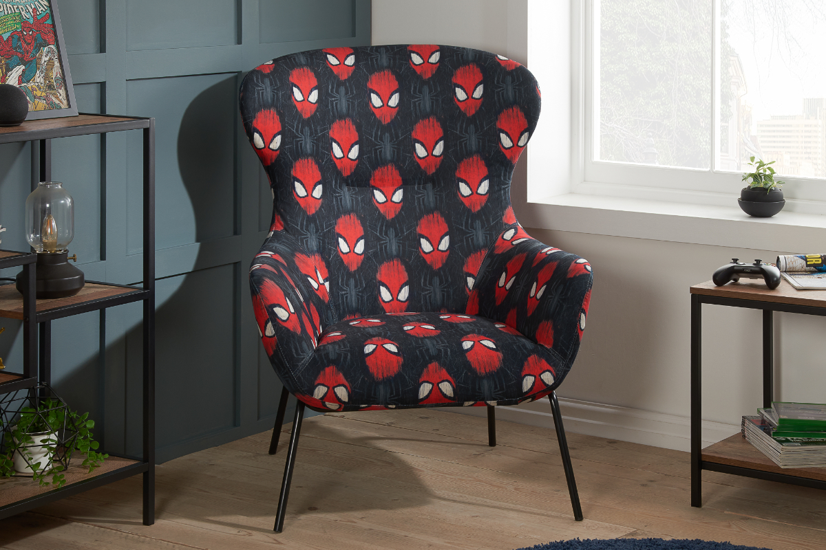 View Marvel SpiderMan Childrens Fabric Occasional Chair Printed Cotton Fabric With Spiderman Graphics Black Steel Frame Leg Support information