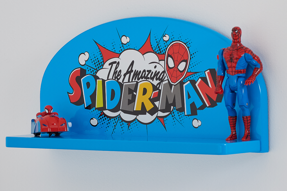 View Marvel SpiderMan Blue Childrens Wall Hanging Storage Shelf Features Spider Man Graphics Concealed Wall Fittings Single Shelf Storage information