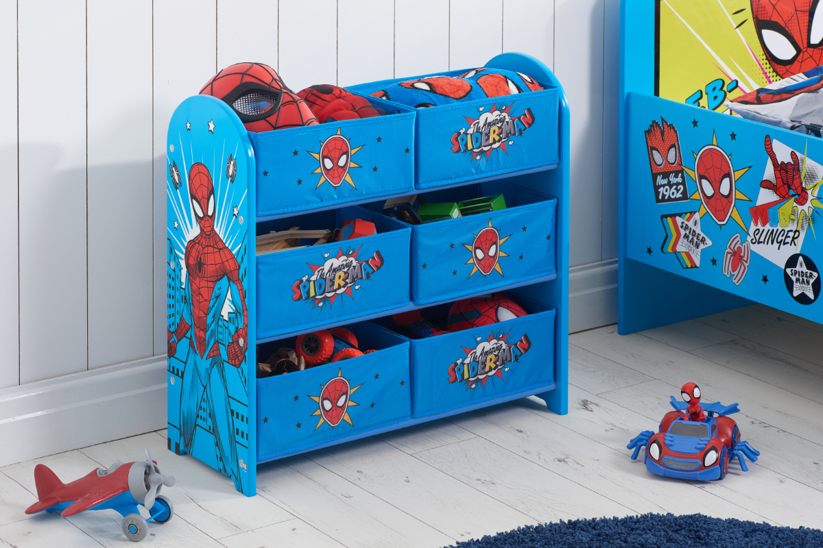 View Marvel SpiderMan Blue Red Childrens Storage Drawer Unit With 6 PullOut Storage Bins Features Spiderman Graphics Great Toy Storage information