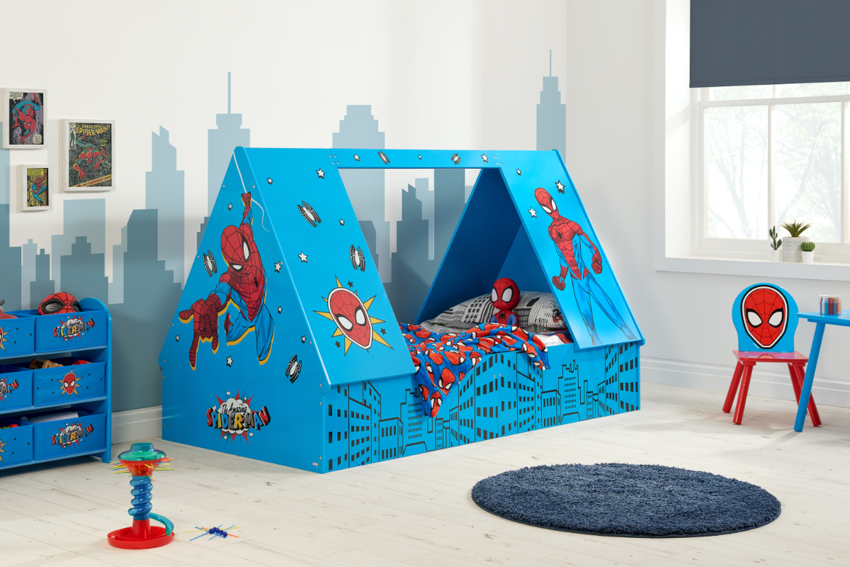 View Marvel SpiderMan Blue Childrens Single Play Tent Bed Frame Features Spiderman Graphics Fits Standard Single Mattress Play Tent In Day information