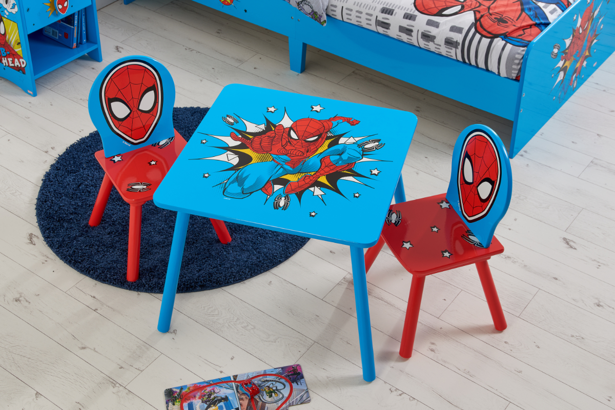 View Marvel SpiderMan Blue And Red Childrens Low Level Play Table Two Chairs Features Spiderman Graphics Wipe Clean Surface information