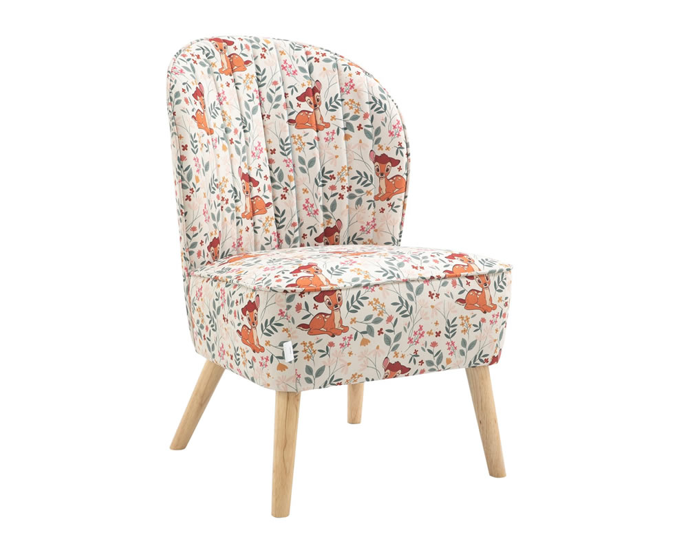 View Disney Bambi Childrens Accent Fabric Occasional Chair Deeply Padded Seat Vertical Stitched Backrest Detail Solid Wooden Tapered Legs information
