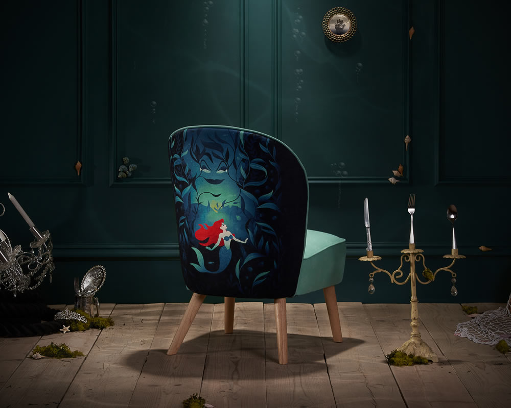 View Disney Little Mermaid Childrens Accent Fabric Occasional Chair Deeply Padded Seat Vertical Stitched Backrest Detail Solid Wooden Tapered Legs information