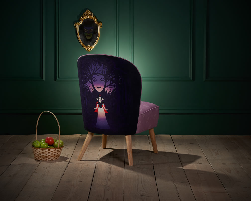 View Disney Snow White Childrens Accent Fabric Occasional Chair Deeply Padded Seat Vertical Stitched Backrest Detail Solid Wooden Tapered Legs information