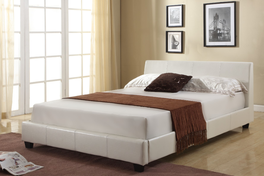 View 50 King Size White Modern Faux Leather Bed Frame High Deeply Padded Wipeable Headboard Low Foot End Sprung Slatted Support Roma information