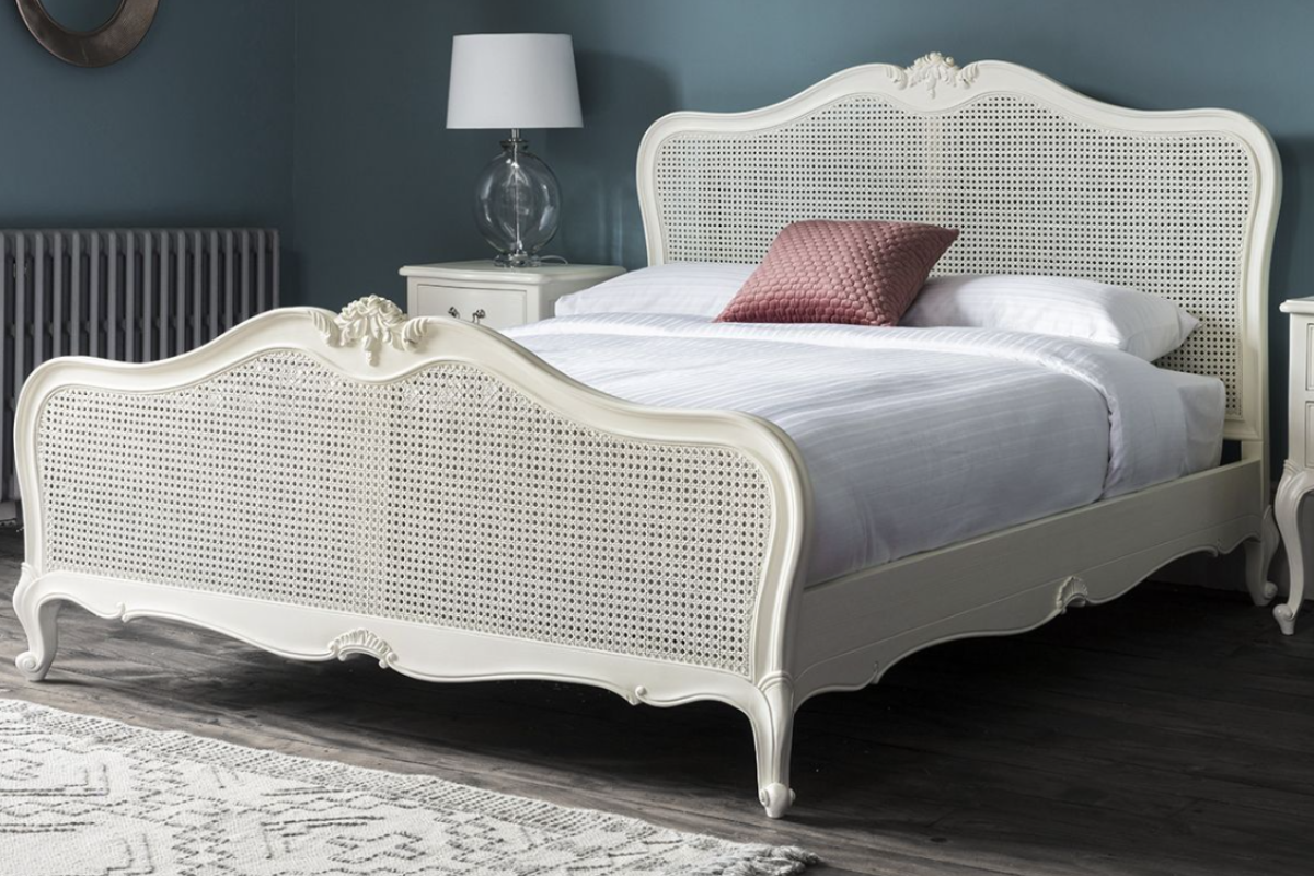 View 50 Kingsize Vanilla White French Style Elaborate Wooden Bed Frame With Rattan Inserts In Head And Foot Board Slatted Base Ivy information