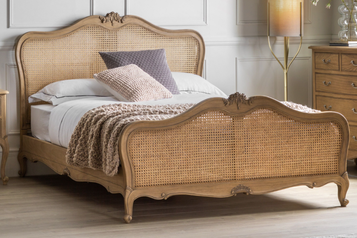 View 50 Kingsize Oak Finish French Style Elaborate Wooden Bed Frame With Rattan Inserts In Head And Foot Board Slatted Base Ivy information