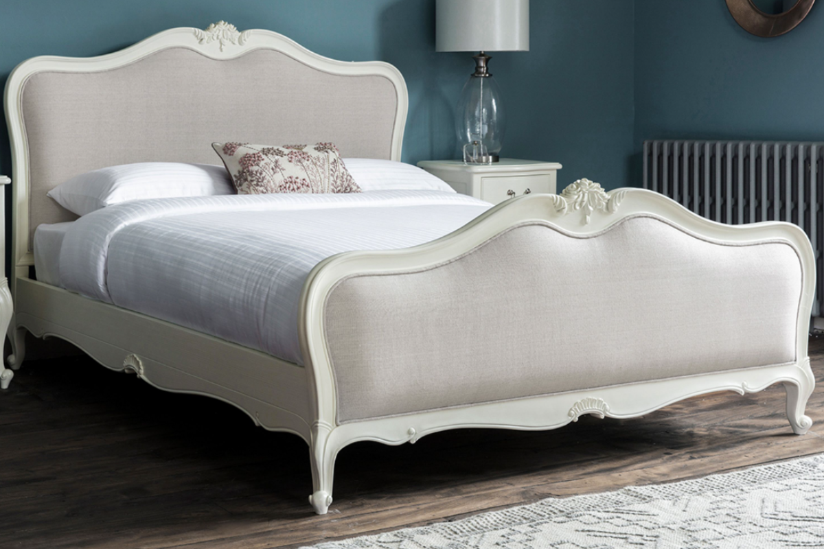 View 50 King size French Inspired White Wooden Bedframe With Deeply Padded Ivory Fabric Insert In Head And Footend information