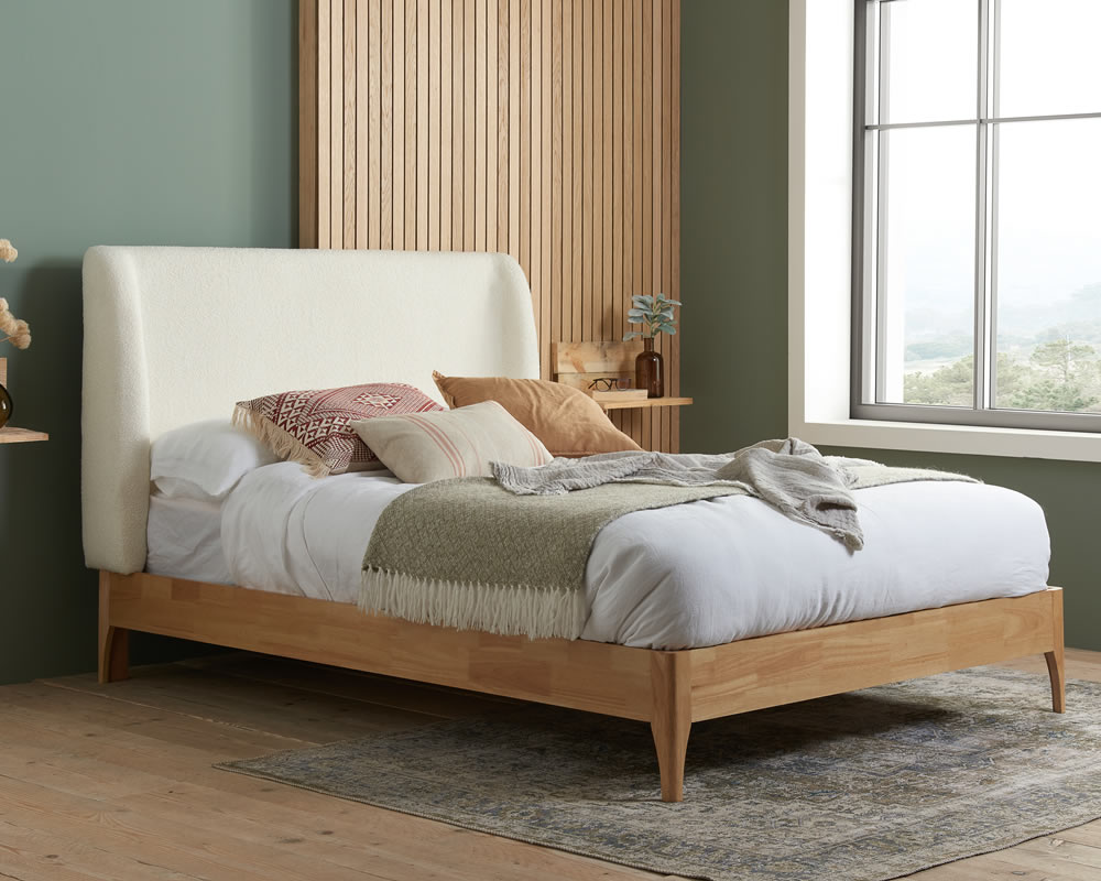 View 46 Double Size Scandinavian Wooden Oak Effect Bed Frame Tall White Fabric Headboard With Upholstered Side Panels Slatted Base Halfden information