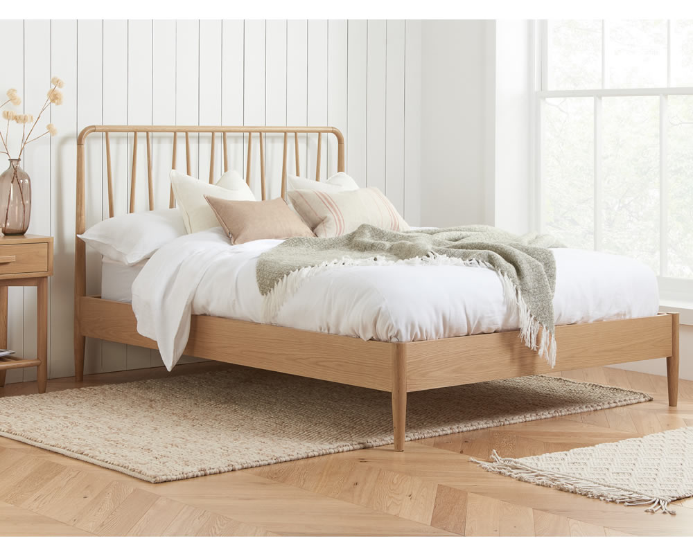 View 46 Double Size Light Oak Scandinavian Styled Wooden Bed Frame High Rounded Head EndWave Spindle Design Low Foot End Tapered Legs Jesper information