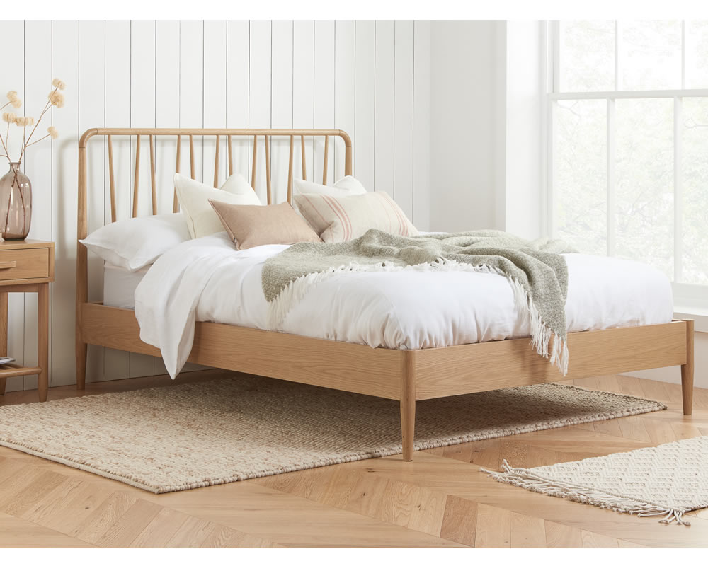 View 60 Super King Size Light Oak Scandinavian Styled Wooden Bed Frame High Rounded Head EndWave Spindle Design Low Foot End Tapered Legs Jesper information