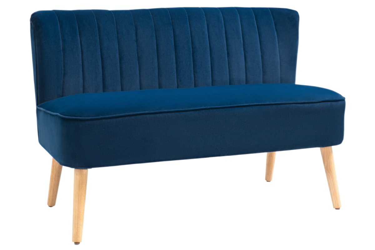 View Small Blue Velvet Fabric 2 Seater Sofa for Conservatory Lounge Bedrooms Padded Seat Fluted Upholstered Panel Design Backrest Tapered Wood Leg information