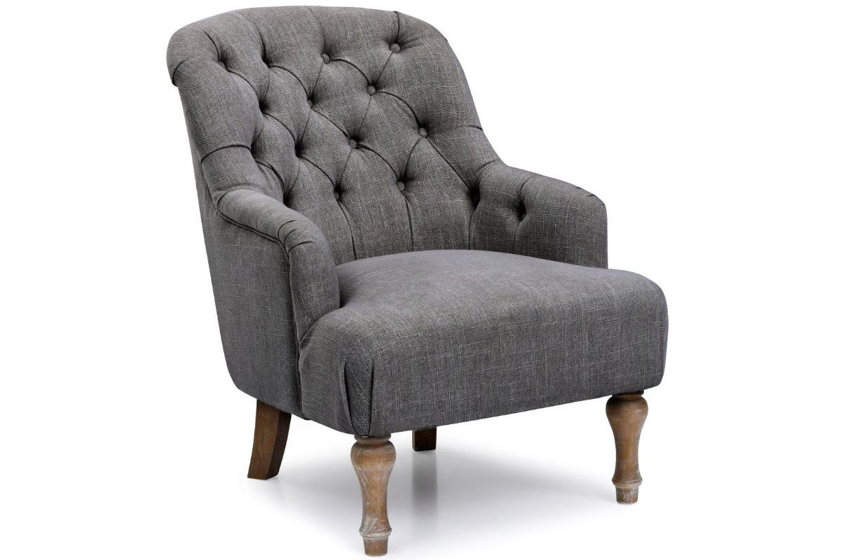View Bianca Linen Accent Armchair Upholstered Antheia Charcoal Deep Buttoned Backrest Hardwood Lime Washed Oak Legs Arianna Fabric Occasional Chair information