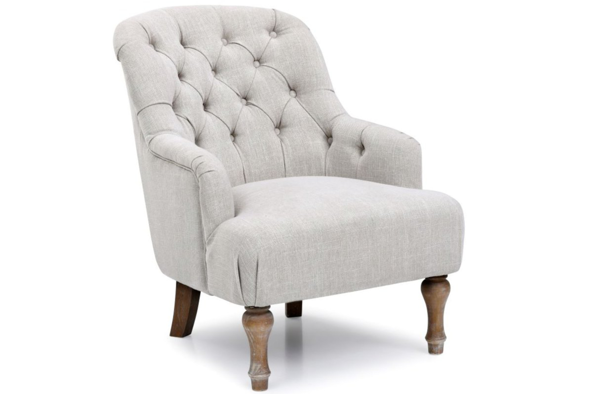 View Bianca Linen Accent Armchair Upholstered Antheia Cream Deep Buttoned Backrest Hardwood Lime Washed Oak Legs Arianna Fabric Occasional Chair information
