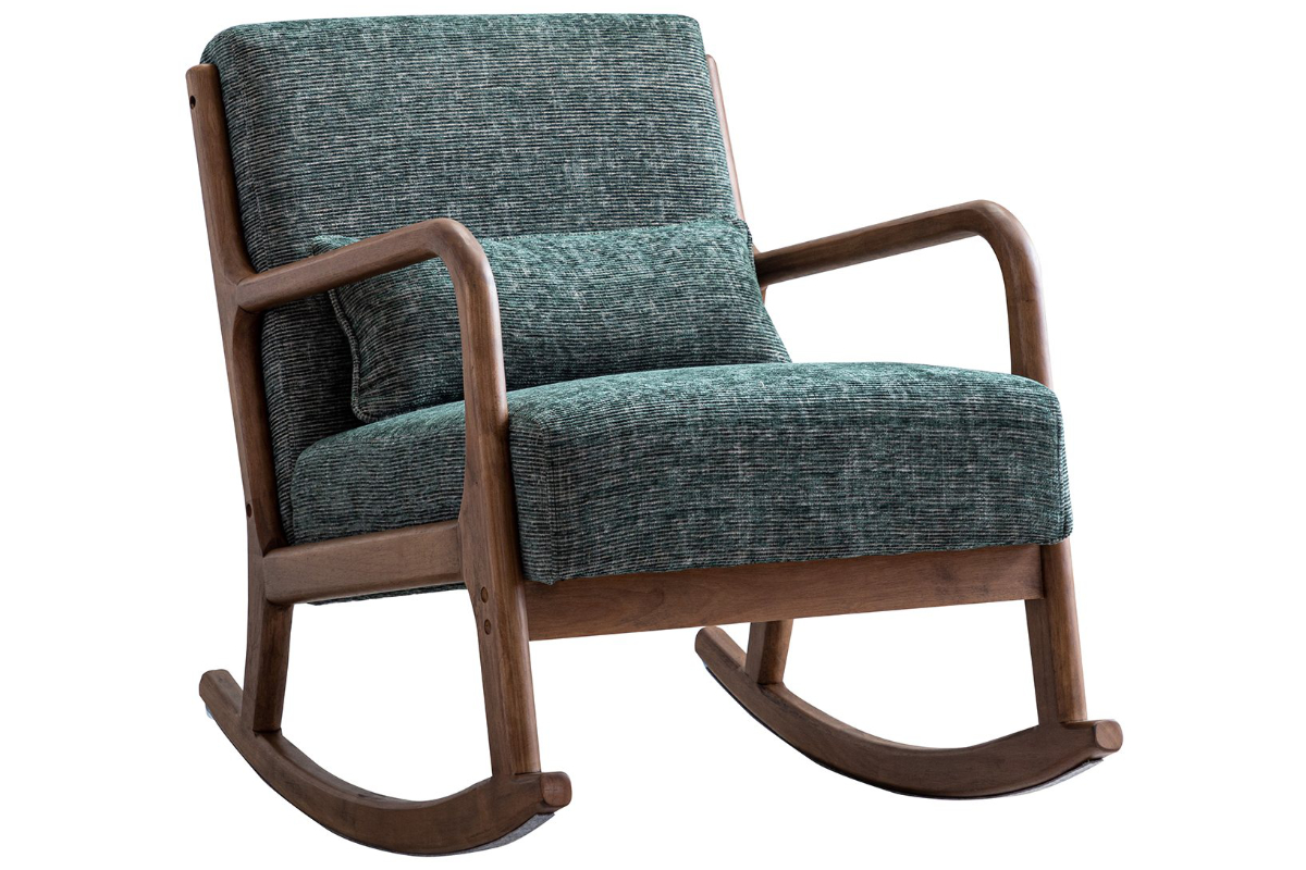View Inca Modern Retro Rocking Chair Green Soft Touch Luxurious Boucle Fabric With Dark Wood Frame Scandi Styled Wood Frame Inca Khali Chair information