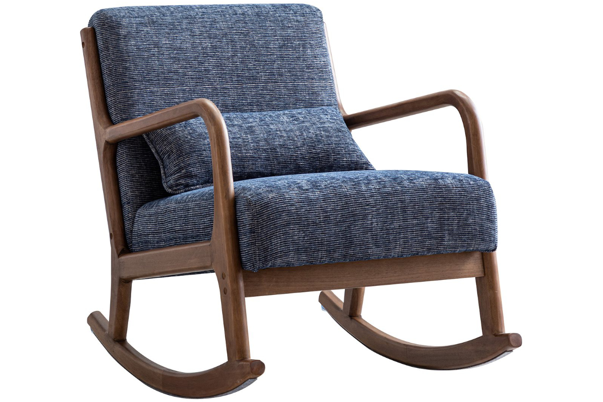 View Inca Modern Retro Rocking Chair Blue Soft Touch Luxurious Boucle Fabric With Dark Wood Frame Scandi Styled Wood Frame Inca Khali Chair information