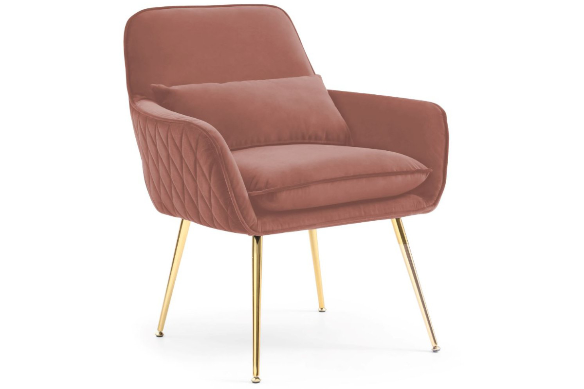 View Jess Pink Velvet Fabric Upholstered Accent Occasional Bedroom Side Armchair Deeply Padded Seat Diamond Stitched Design Gold Finish Metal Leg information