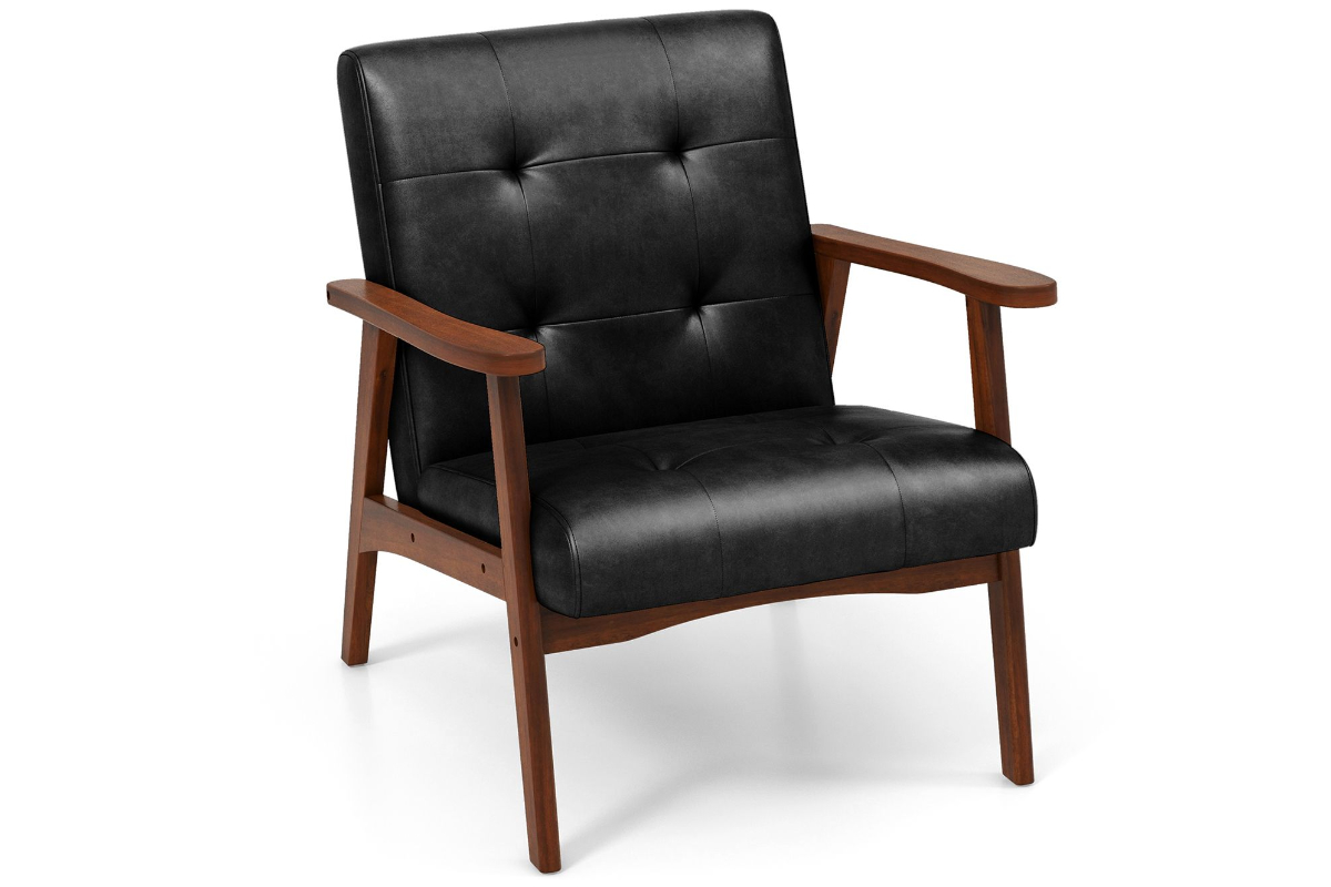 View Black PVC Leather Occasional Accent Lounge Chair Mid Century Modern Design Deeply Padded Rubber Hardwood Robust Frame Tested to 150kg Lucife information