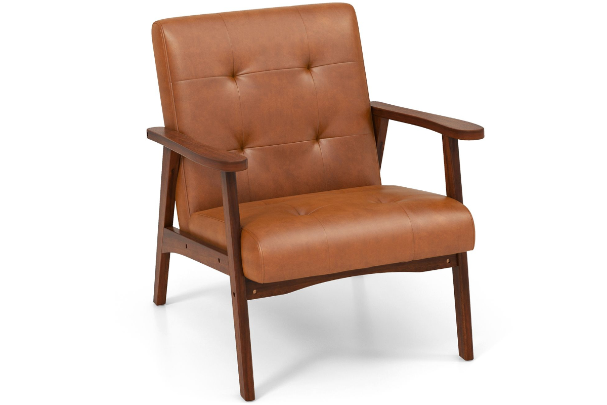 View Brown PVC Leather Occasional Accent Lounge Chair Mid Century Modern Design Deeply Padded Rubber Hardwood Robust Frame Tested to 150kg Lucife information